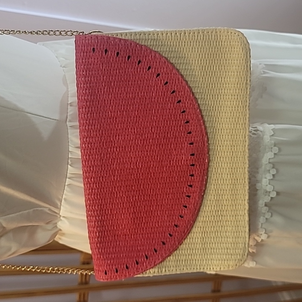 Escada Sorbetto Rosso watermelon straw handbag purse crossbody tan pink gold